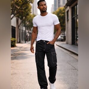 True Religion World Tour Cargo Pants Jet Black White Stitching NWT Size 30x32